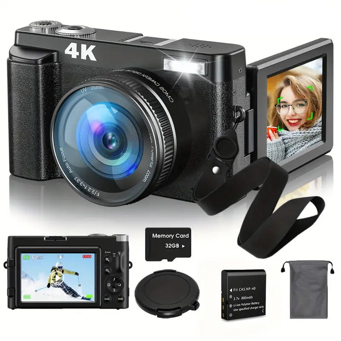 Appareil photo numérique 4K avec sortie 48 MP, écran rabattable 3 pouces et zoom 16×
