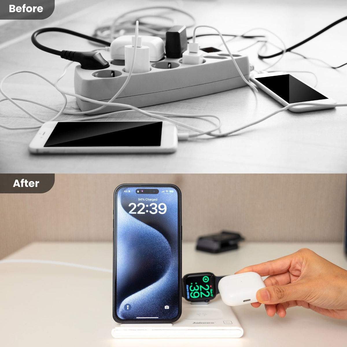 Jabees PowerGlow 4-i-1 trådlös laddningsstation med LED-nattlampa