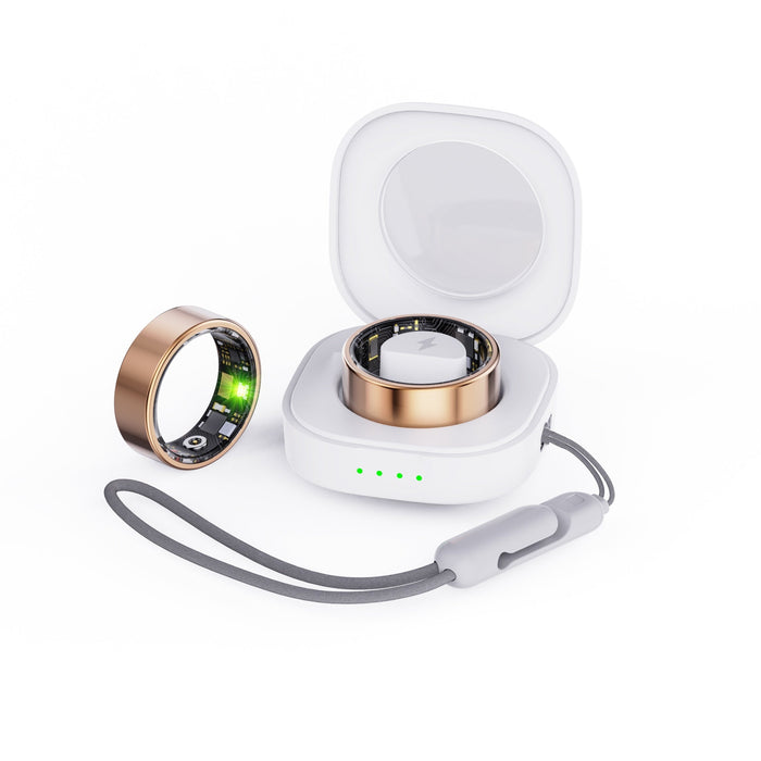 Bague connectée dorée avec étui de charge, suivi des pas et du sommeil