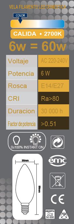 VELA LED FILAMENTO CLARA 6w E-14 2700K 600lm LYC *