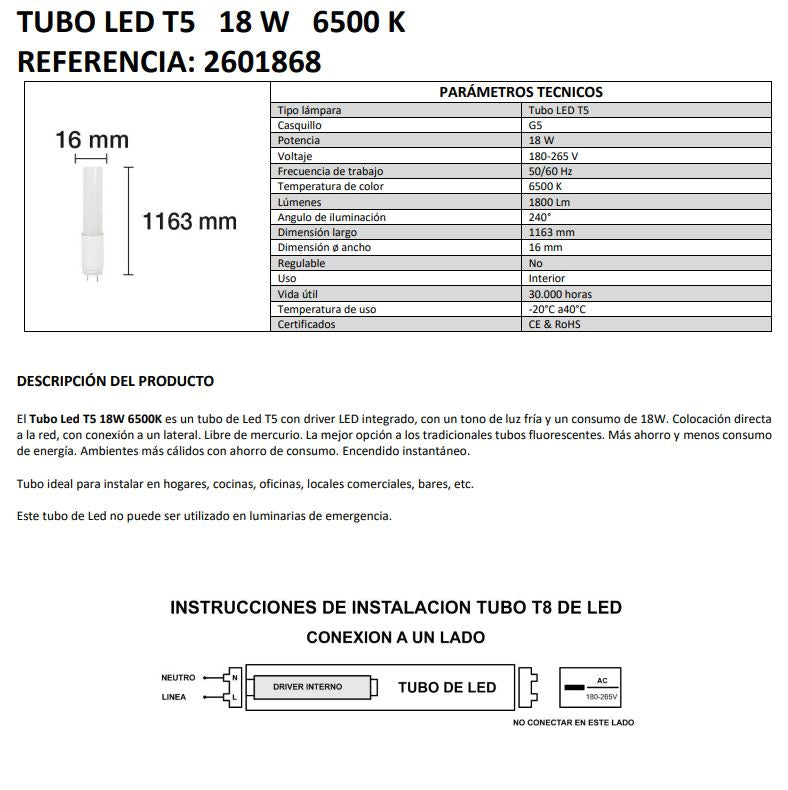 TUBO T5 LED " 115cm " 18w 865 (sustituye 28w/54w)*
