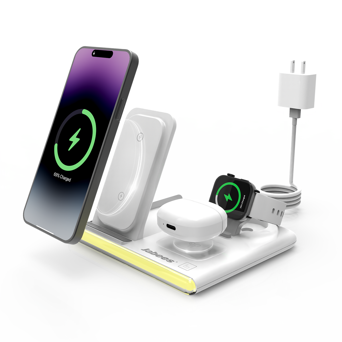Jabees PowerGlow 4-i-1 trådlös laddningsstation med LED-nattlampa
