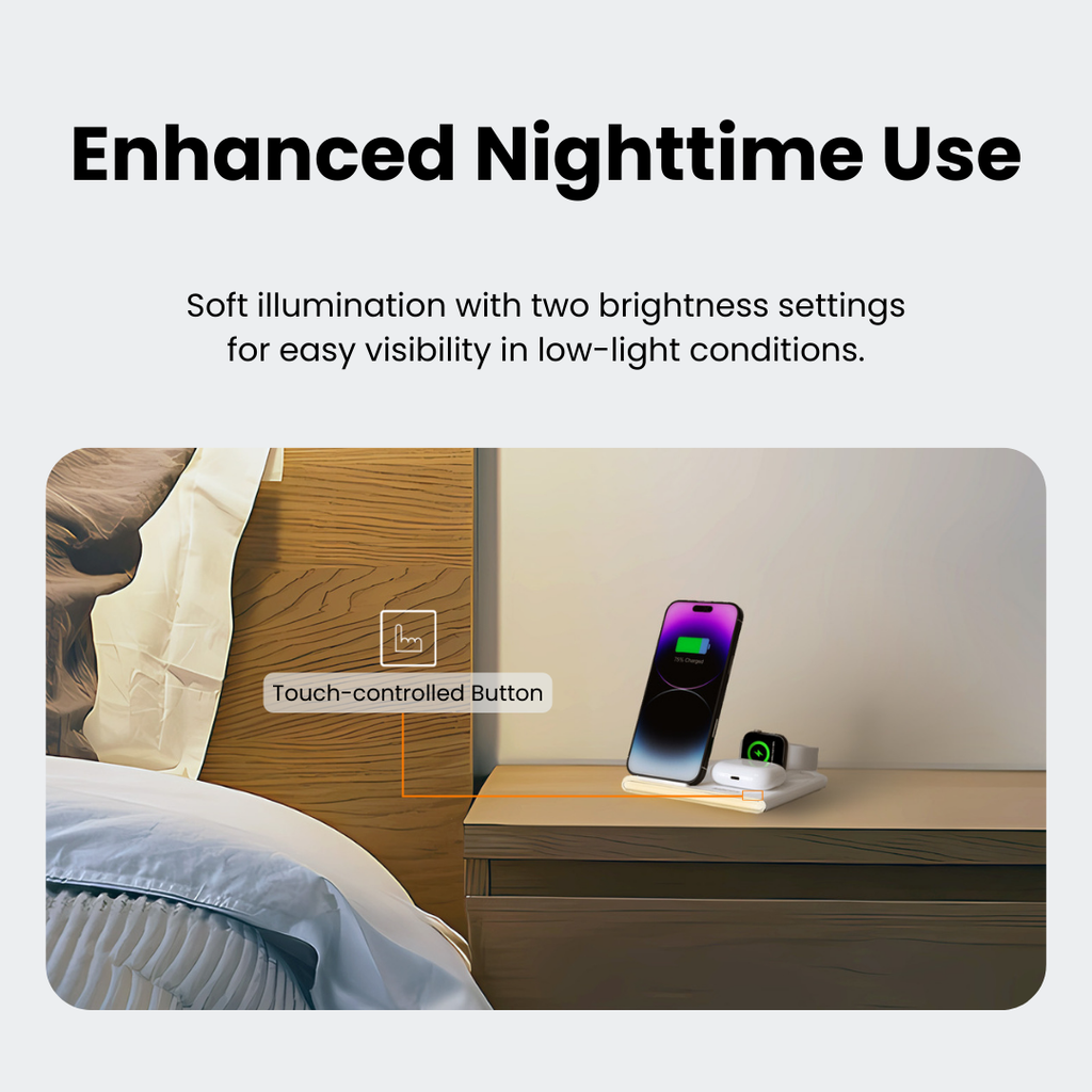 Jabees PowerGlow 4-i-1 trådlös laddningsstation med LED-nattlampa