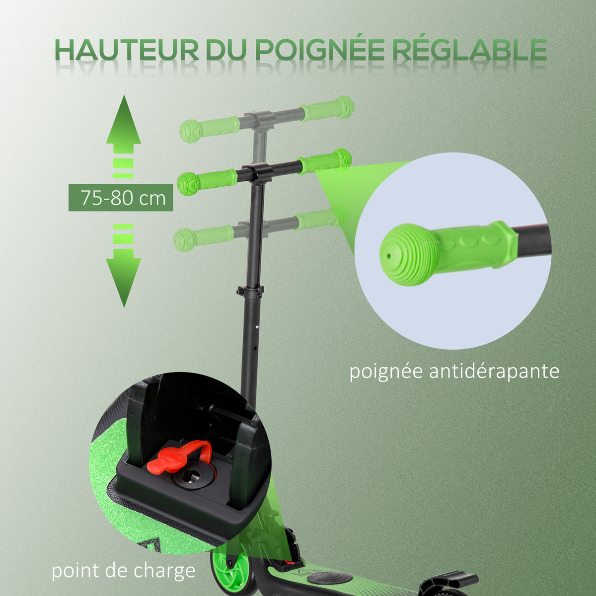 Trottinette électrique enfants 6 ans + pliable scooter électrique vitesse 8 km/h 71x36,5x75-80cm, aluminium, acier, vert-6