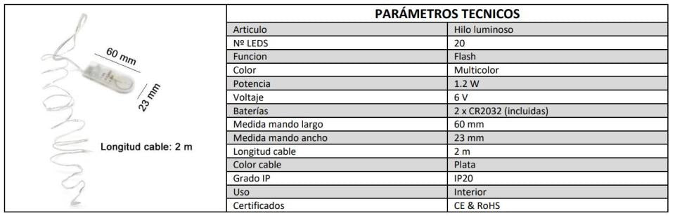 HILO LUMINOSO MULTICOLOR FLASH 2 MTS. A PILAS INT.