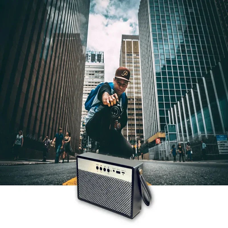 Bærbar mini-Bluetooth-høyttaler med retrodesign, svart