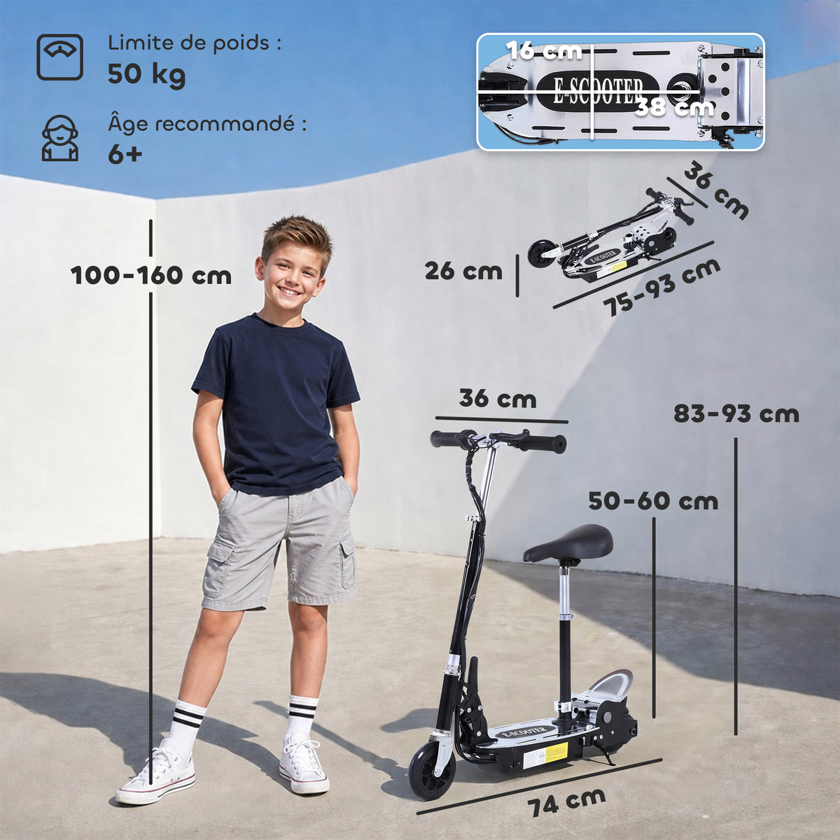 Trottinette électrique 120 W pliable pour enfant de 6+ ans hauteur guidon et selle réglable 10 Km/h max. noir-2