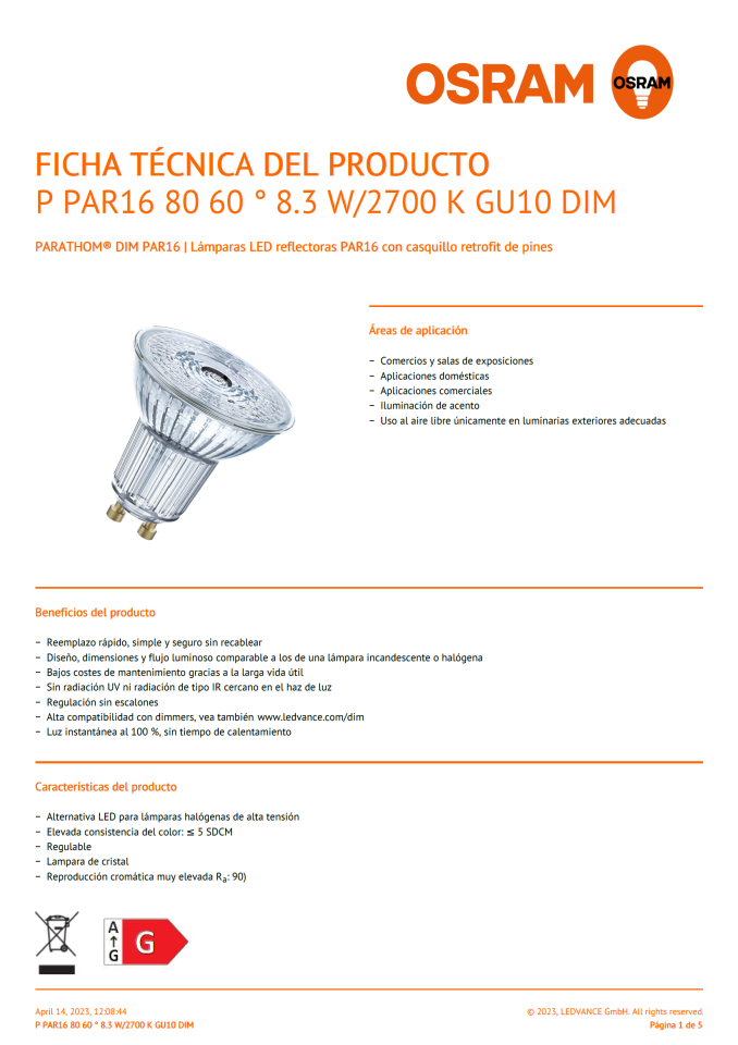 GU10 LED 6.1w 927 60º DIM OSRAM LEDVANCE *