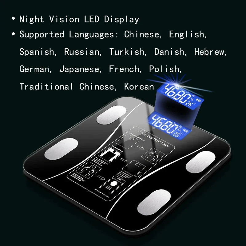 Inteligentna waga Bluetooth z pomiarem tkanki tłuszczowej, czarna