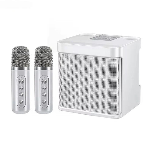Altoparlante portatile per karaoke con due microfoni, bianco
