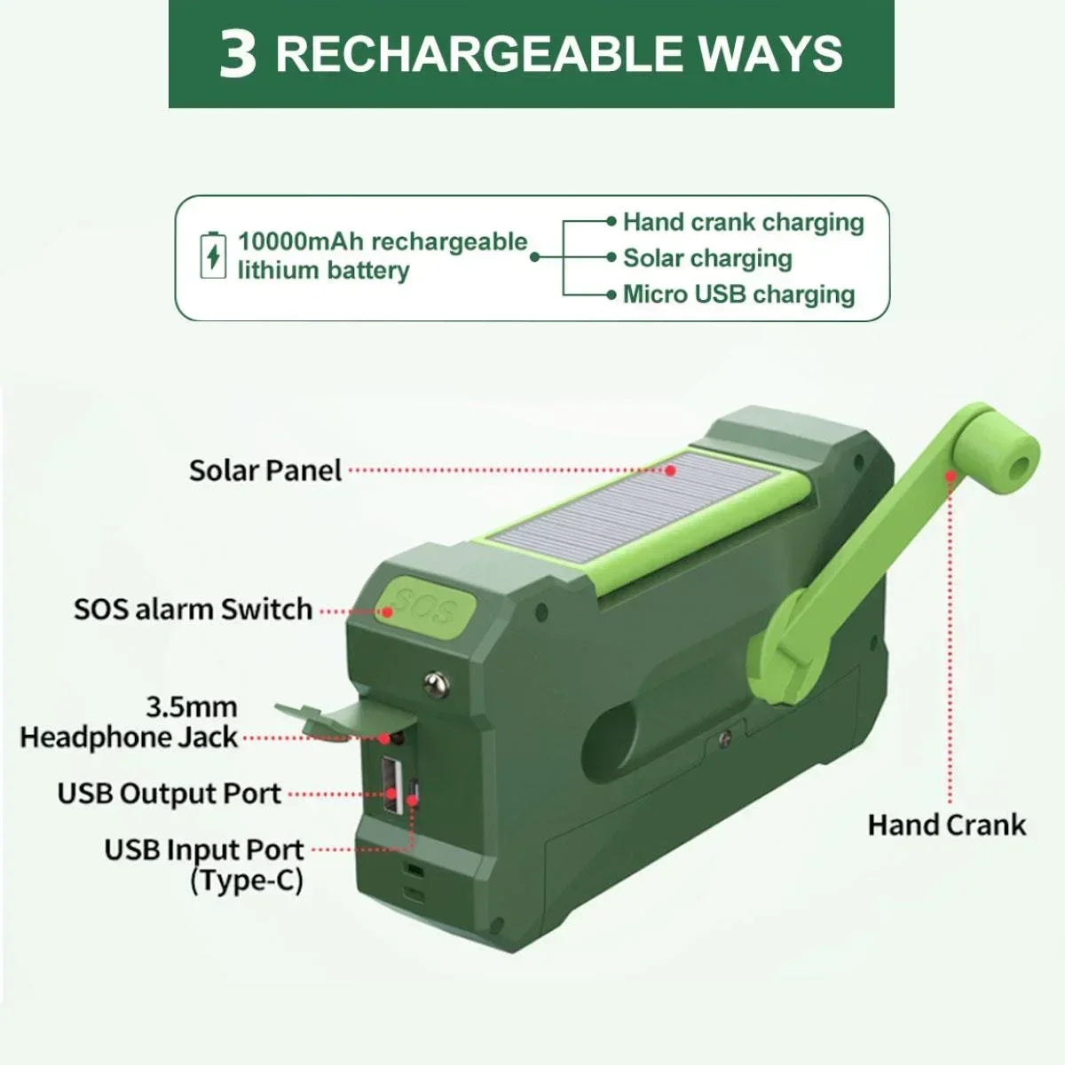 Solar Hand Crank Emergency Radio Green-3
