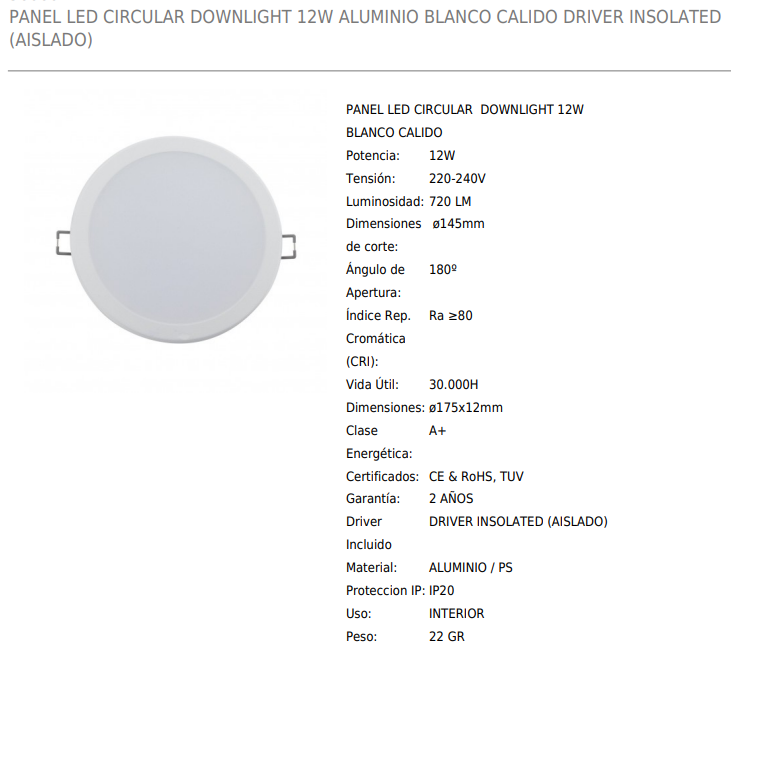 PANEL LED REDONDO EMPOTRAR 12w 4000K