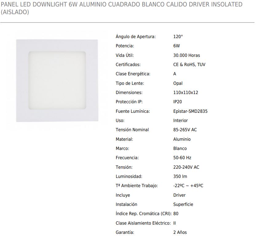PANEL LED EMPOTRAR CUADRADO 6w 3000K *