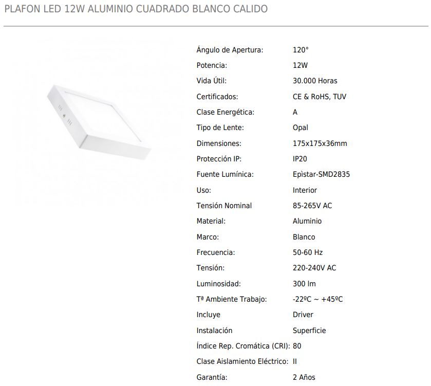 PANEL LED SUPERFICIE CUADRADO 12w 6000K  *