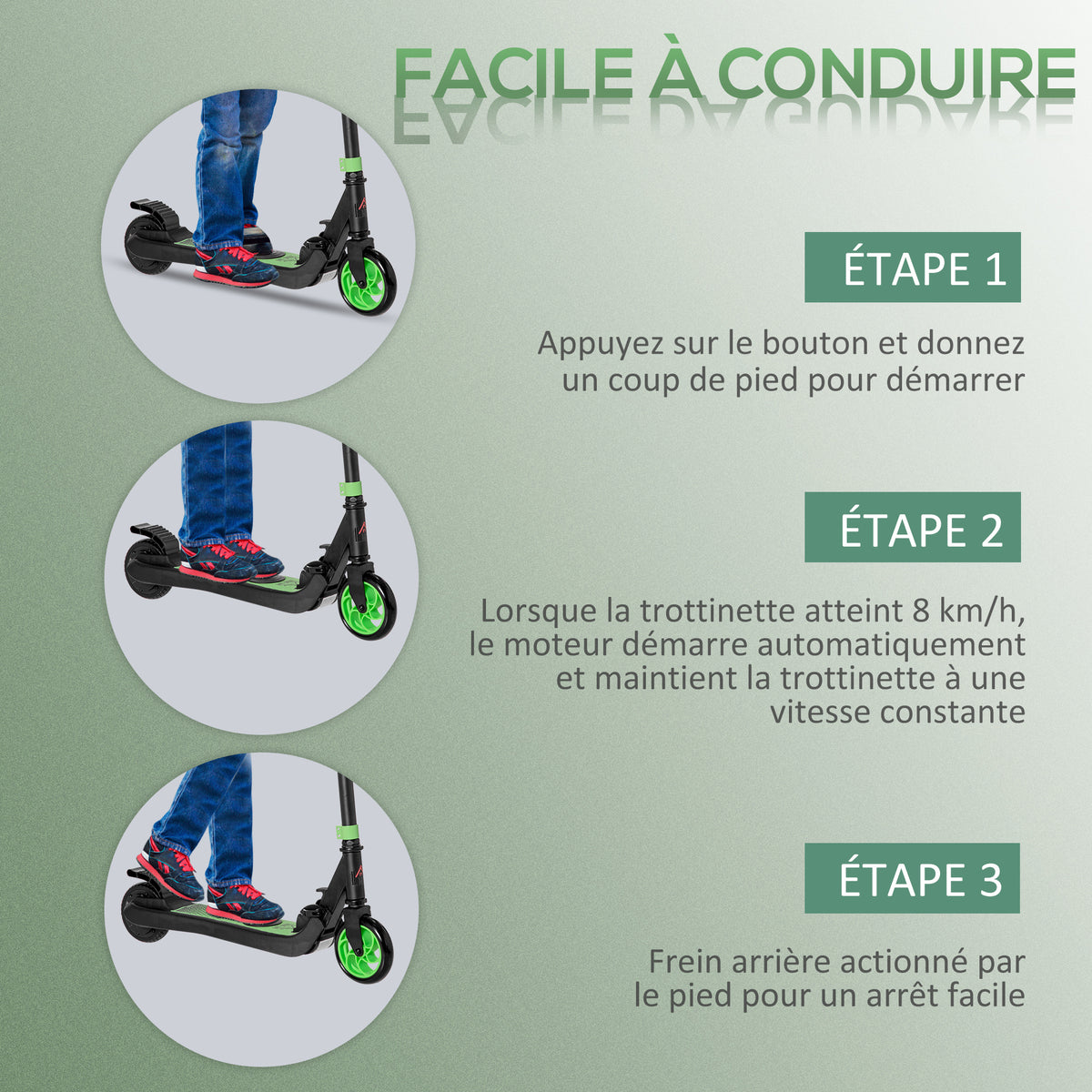 Trottinette électrique enfants 6 ans + pliable scooter électrique vitesse 8 km/h 71x36,5x75-80cm, aluminium, acier, vert-4