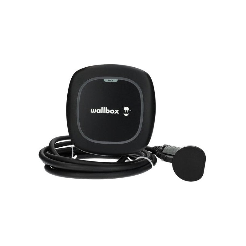 Cargador de coche eléctrico Wallbox Pulsar Max negro trifásico de 22 kW con cable Tipo 2 de 5 m, vista frontal de catálogo.