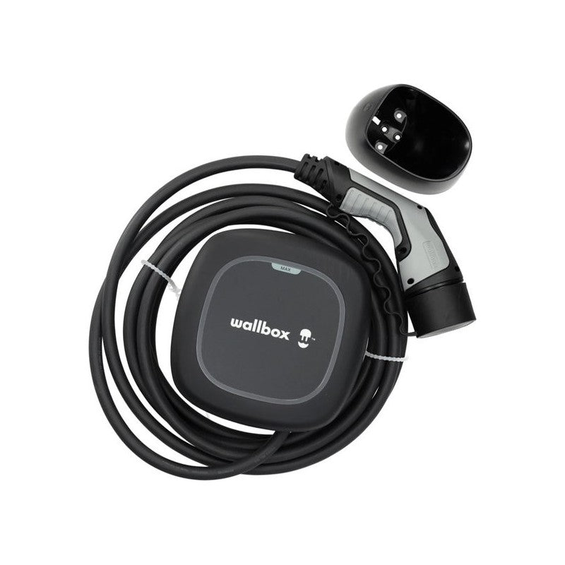 Vista superior del cargador de coche eléctrico Wallbox Pulsar Max negro con cable Tipo 2; soporte ilustrativo no incluido.