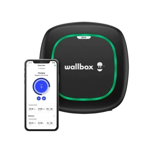 Cargador de coche eléctrico Wallbox Pulsar Max 22 kW y ejemplo de control desde aplicación; imagen de catálogo.