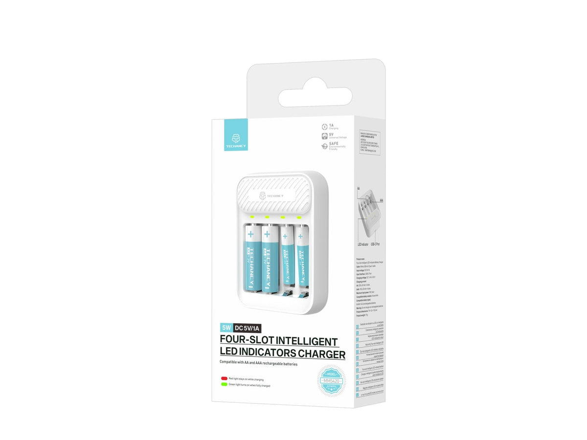 Techancy Carregador inteligente de pilhas MM5420 4 slots LED independente compatível com AA e AAA Ni-MH 1.2V seguro estável cor branca-3