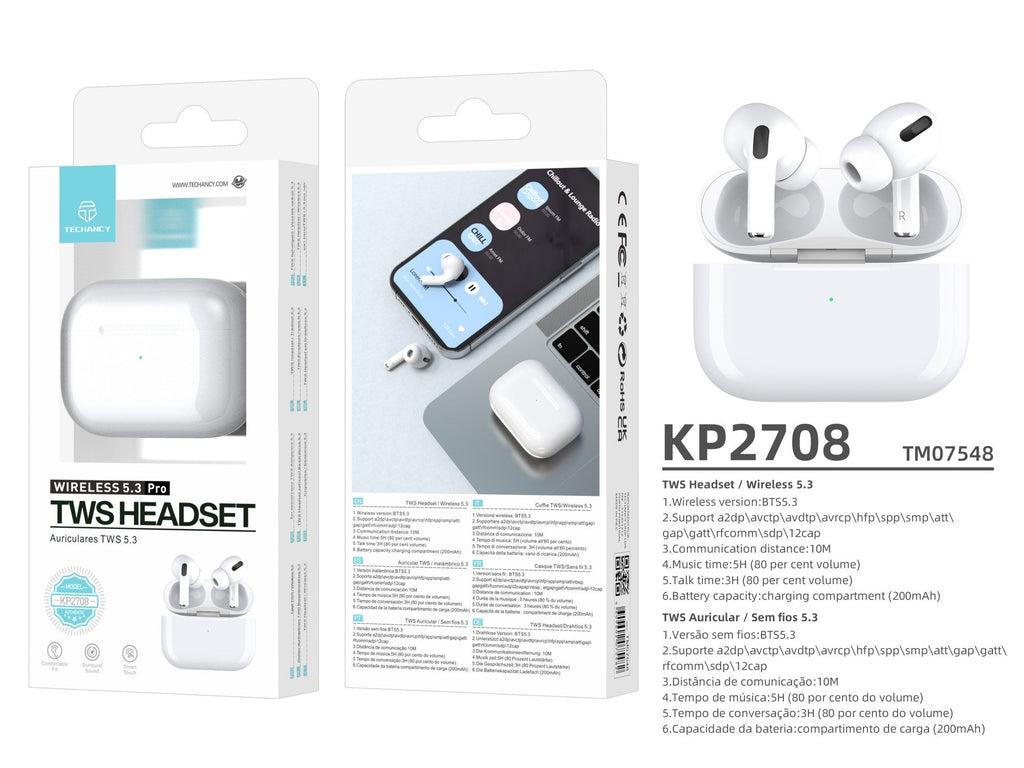 Techancy Tws Wireless Headset Pro White KP2708, Bluetooth 5.3, Auricular Estéreo Com Conversação, Reprodução De Música 5h-4