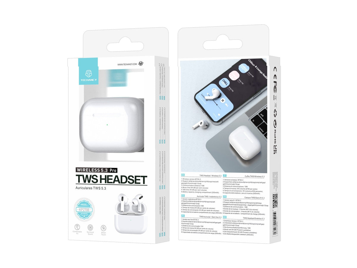 Techancy Tws Wireless Headset Pro White KP2708, Bluetooth 5.3, Auricular Estéreo Com Conversação, Reprodução De Música 5h-3