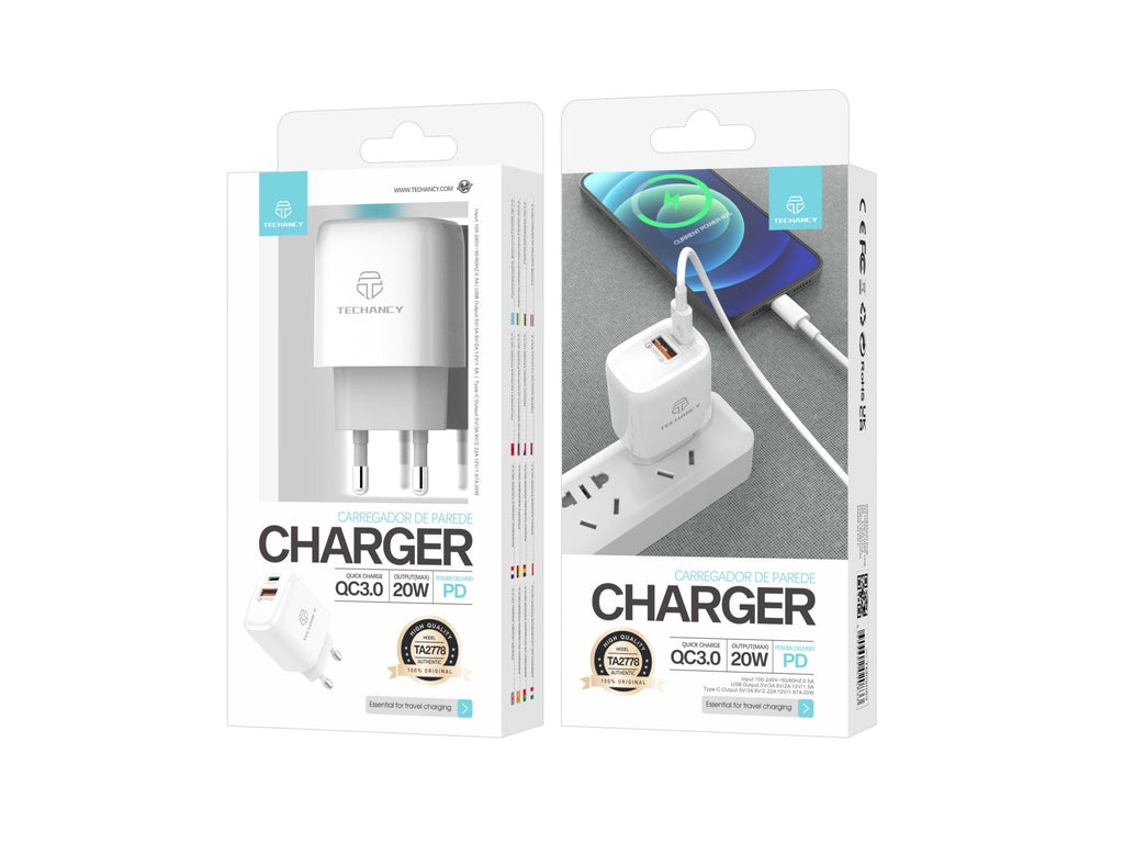 Techancy Carregador Branco De 20 W  TA2801, Suporta Pd E Qc3.0, Carregamento Rápido Pd, Compatível Com Telemóveis, Tablets-1