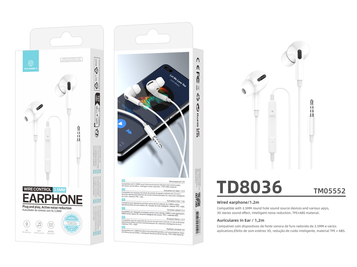 Cuffie Techancy TD8036 con cavo da 3,5 mm e microfono, bianche