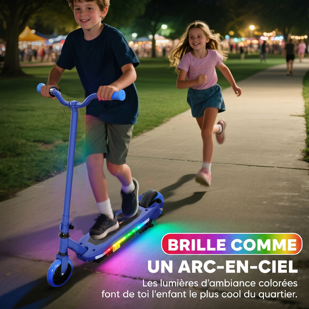 Trottinette électrique pour enfants 6-14 ans, vitesse maximale 10 km/h, lumières LED colorées, frein électrique, bleu-3