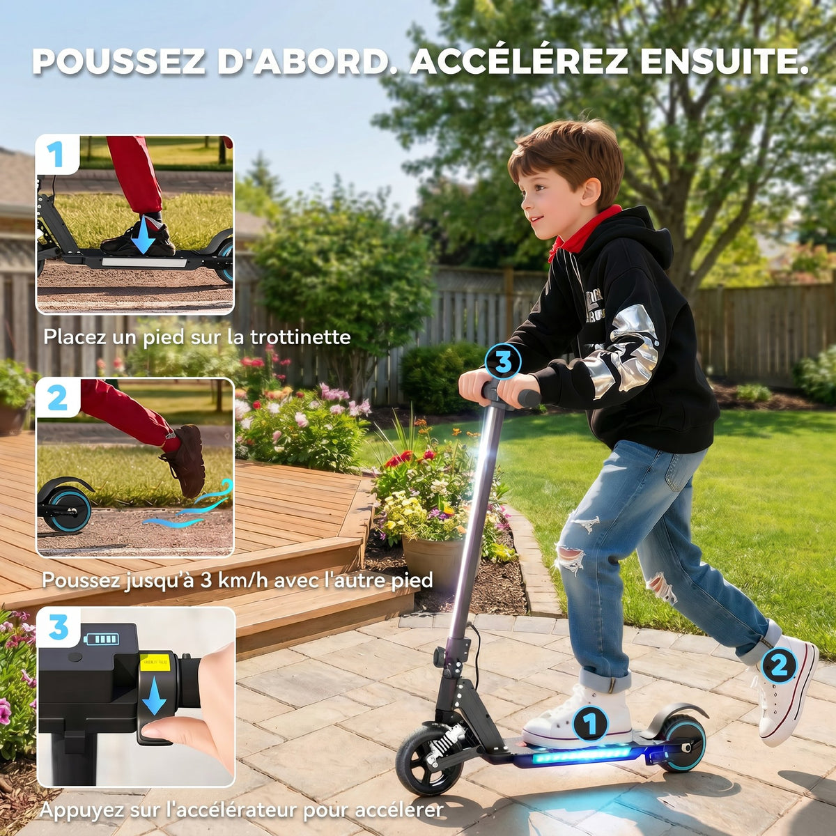Trottinette électrique pour enfants 6-14 ans scooter électrique pliable pour enfants vitesse max 14 km/h aluminium noir-3