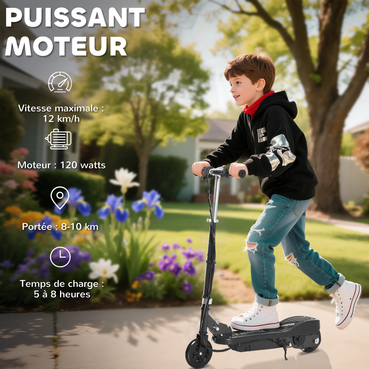 Trottinette électrique pliante pour enfant de +7ans, 120W Vitesse max 12km/h, 74x36x82,5-92,5 cm Noir-3