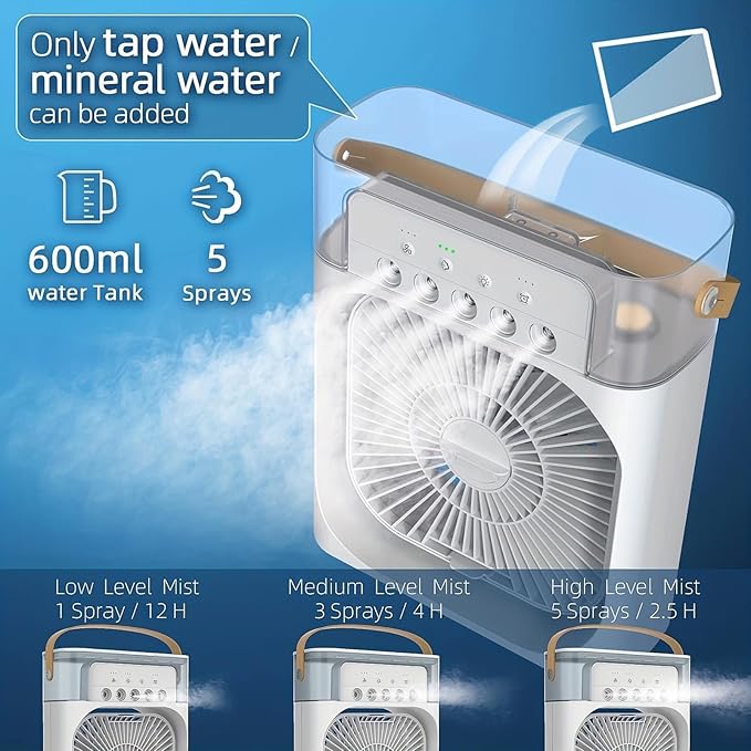 Ventilador de Aire Frío con Pulverizadores de Agua y Luz RGB