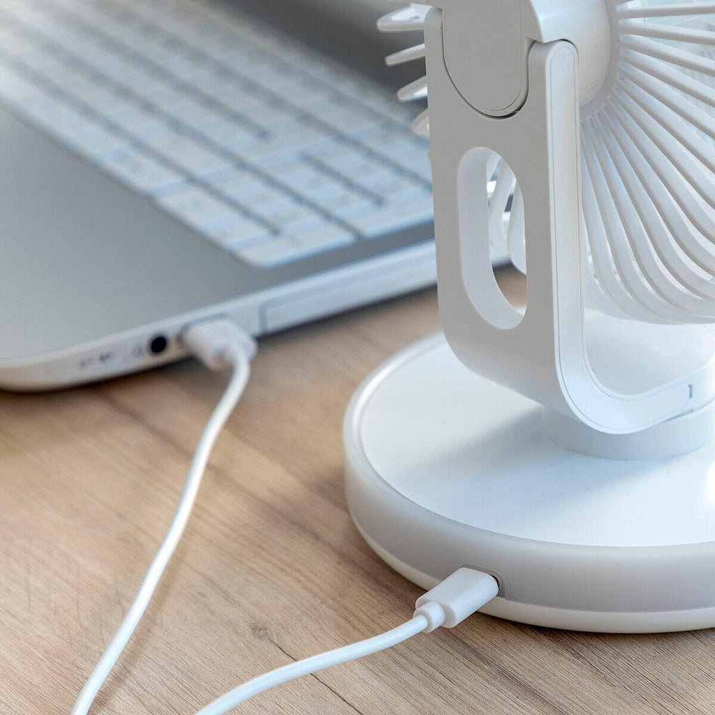 Ventilador de Escritorio Recargable con Luz LED – Silencioso, Portátil y Oscilante