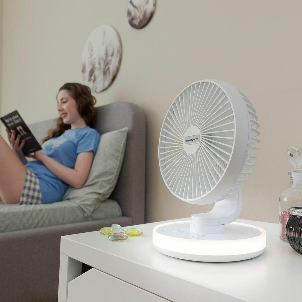Ventilador de Escritorio Recargable con Luz LED – Silencioso, Portátil y Oscilante
