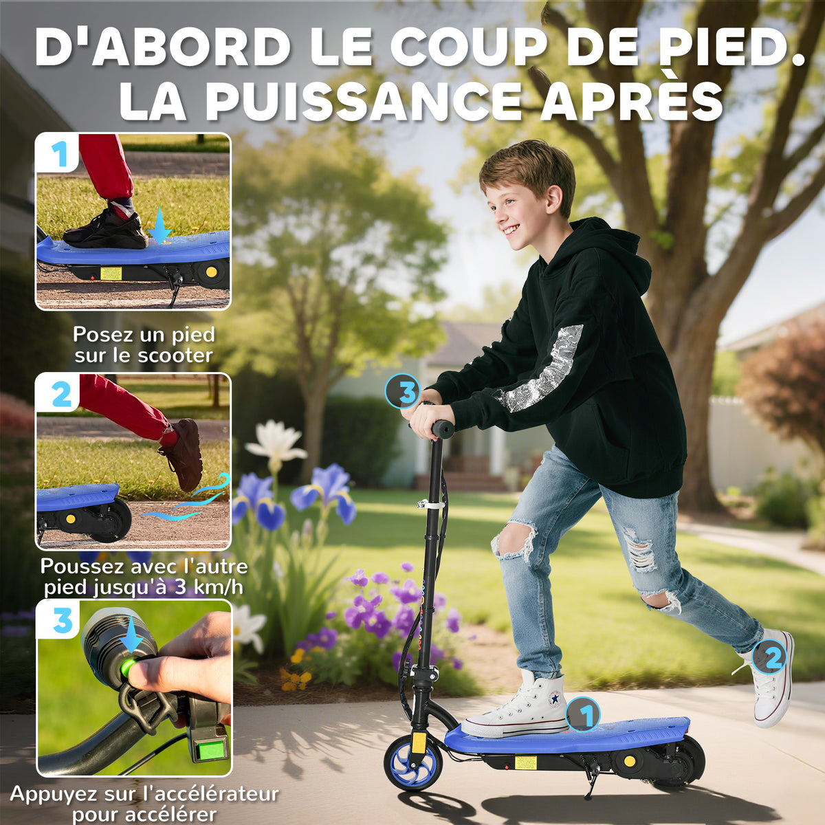 Trottinette électrique 120 W pliable pour enfant 7-14 ans 12 Km/h max. autonomie 10 Km max. bleu-3